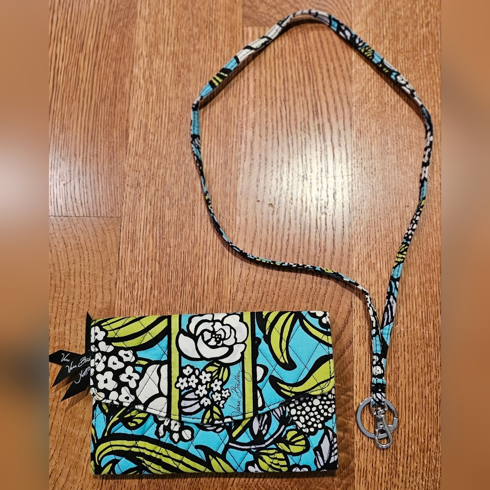 Vera Bradley wallet with strap turquois, green and black 7.5"x5"